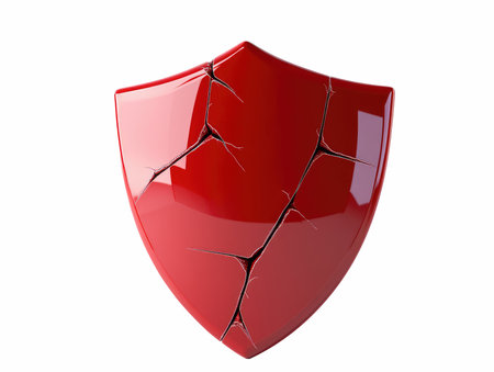 This image features a red shield with cracks, representing vulnerability in cybersecurity. It highlights the need for robust defense mechanisms in technology and digital protection.の写真素材