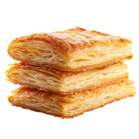 This image features a close-up of a golden brown puff pastry sheet stacked neatly, highlighting its flaky layers and appealing texture, perfect for culinary dishes.の写真素材