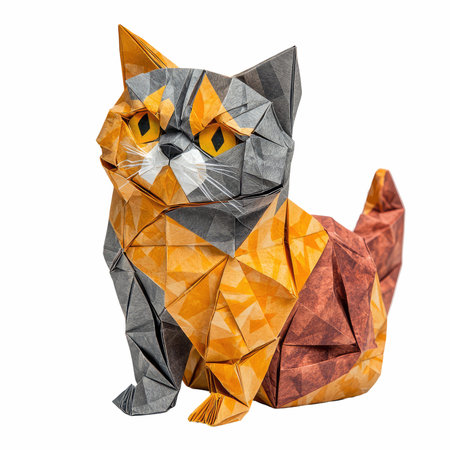 Origami cat made of paper isolated on white backgroundの写真素材