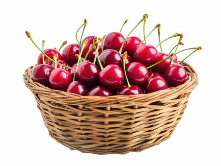 Cherries in basket isolated on white background. Clipping pathの写真素材