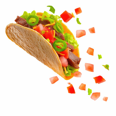 Taco with meat and vegetables isolated on white background. Top viewの写真素材