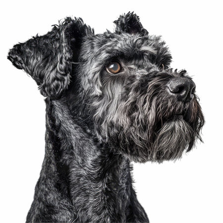 Portrait of a black Scottish Terrier, isolated on white backgroundの写真素材