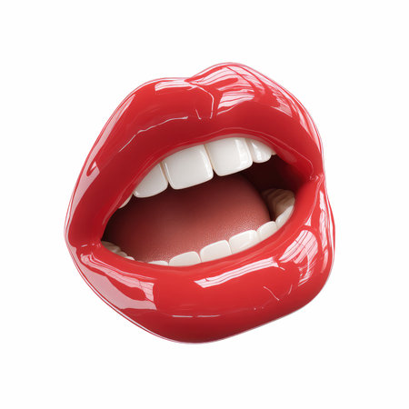 This striking close-up captures glossy red lips slightly open, showcasing vibrant color and texture, perfect for beauty and cosmetic themes.の写真素材