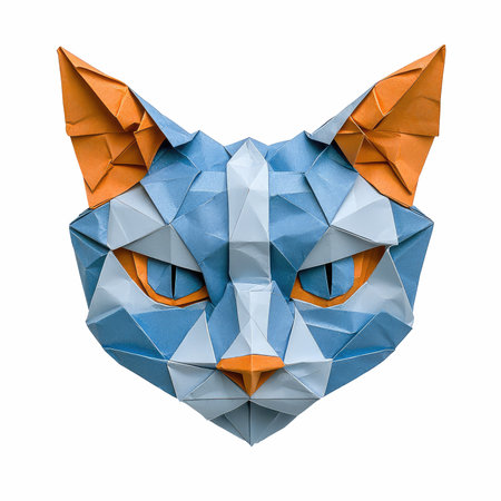 Paper origami cat isolated on white background, clipping path included.の写真素材