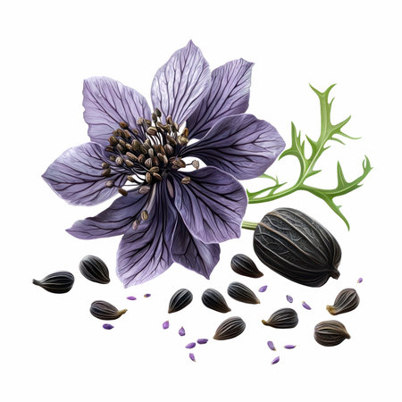 Black seeds and purple flower isolated on white background. Watercolor illustration