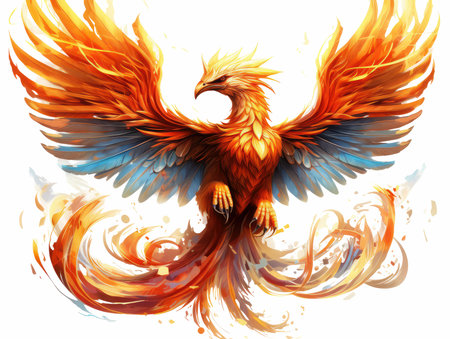 Eagle flying with fire flames on white background. Vector illustration.