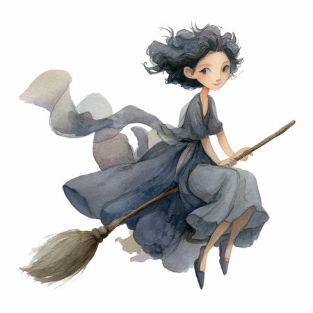 This charming illustration captures a whimsical witch gracefully riding her broomstick, adorned in a flowing gown, evoking a sense of magic and adventure.の写真素材