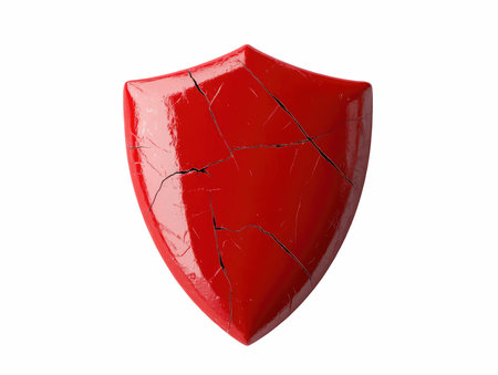 This striking image features a cracked red shield, representing the vulnerability and risks associated with cyberattacks in digital security contexts.の写真素材