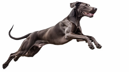 Capture the excitement of a Great Dane leaping gracefully, showcasing its massive frame and...