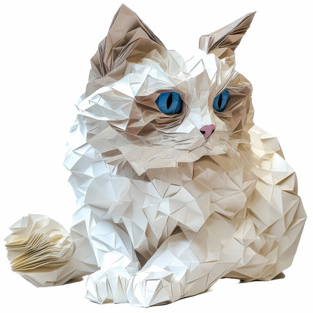 Origami white cat with blue eyes isolated on white background. 3d renderingの写真素材