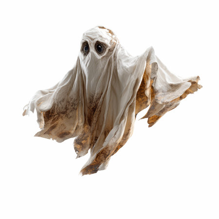 A striking representation of an angry ghost flying through the air, draped in tattered white fabric. This haunting figure evokes fear and mystery.の写真素材