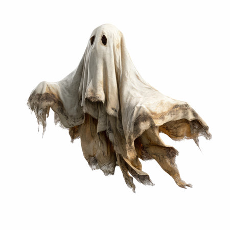 Experience the haunting portrayal of an angry ghost soaring through the air, draped in tattered white fabric with captivating eyes, ideal for eerie themes.の写真素材