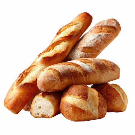 A beautiful arrangement of assorted fresh baked French breads featuring crusty loaves and soft...