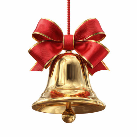 A shiny golden bell hanging with a glossy red ribbon, perfect for holiday decorations or festive celebrations. Ideal for conveying joy and elegance.の写真素材