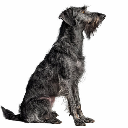 Wire-haired Scottish Terrier sitting, side view, isolated on white