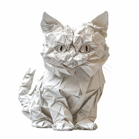 Crumpled paper cat isolated on white background with clipping path.の写真素材