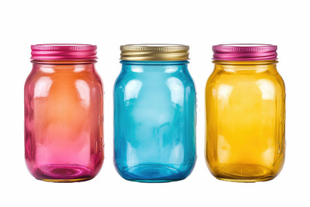 Colorful glass jars isolated on white background. Clipping path included.の写真素材