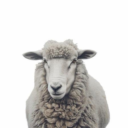 Sheep isolated on white background, black and white photo with copy spaceの写真素材