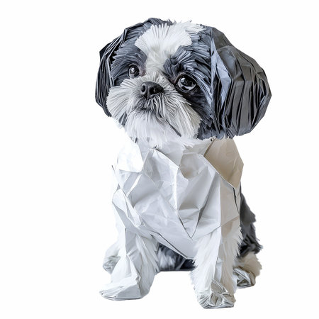 Shih tzu dog with crumpled paper isolated on white backgroundの写真素材