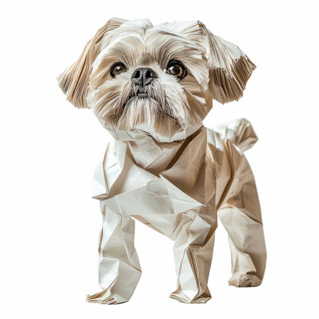 Shih Tzu dog in crumpled paper isolated on white backgroundの写真素材
