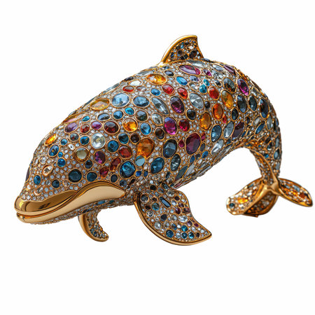 Golden dolphin with precious stones isolated on white background. 3d illustrationの写真素材