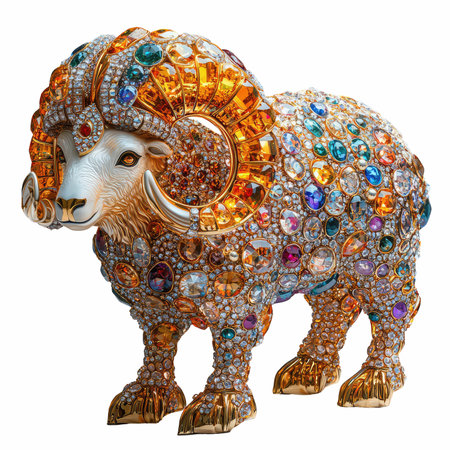 This stunning sculpture features a Himalayan Tahr crafted from gold and embellished with colorful gems, showcasing intricate details and luxurious design.の写真素材