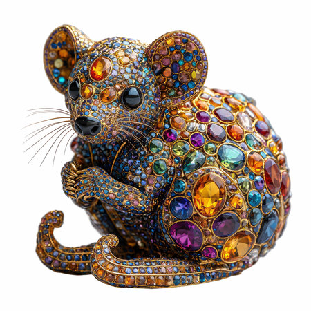 Ceramic statuette of a mouse with colored gems isolated on white backgroundの写真素材