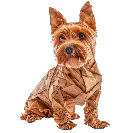Yorkshire Terrier dog with crumpled paper isolated on white backgroundの写真素材