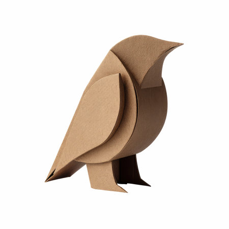 This abstract paper bird sculpture showcases a minimalist design in natural brown tones, perfect for adding a touch of eco-friendly elegance to any decor.の写真素材