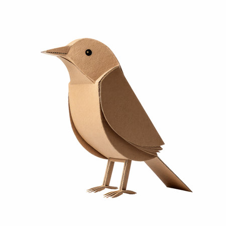 Brown bird made of cardboard isolated on white background. 3d illustration.の写真素材