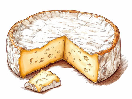 Camembert cheese, hand drawn vector illustration isolated on white backgroundの写真素材