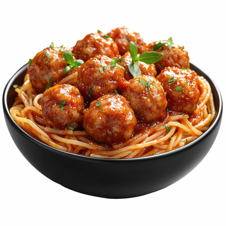 Spaghetti with meatballs and tomato sauce in bowl isolated on white backgroundの写真素材