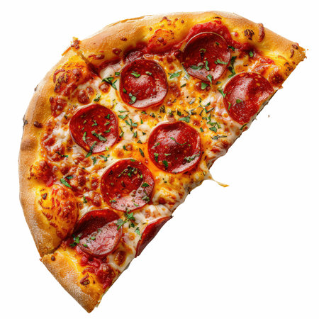 Enjoy a mouthwatering slice of pepperoni pizza, featuring gooey cheese and crispy crust, set against a clean white background, perfect for food lovers.の写真素材
