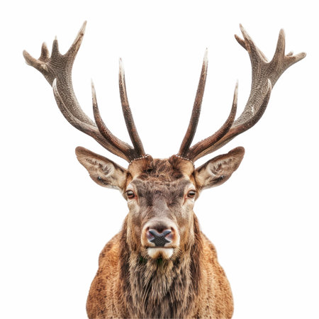 Close-up portrait of a male deer with antlers isolated on white backgroundの写真素材