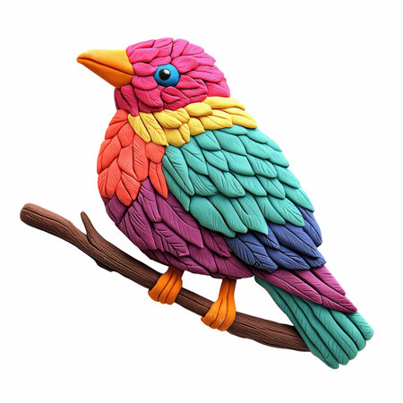 Colorful bird on a branch isolated on white background. 3d illustrationの写真素材