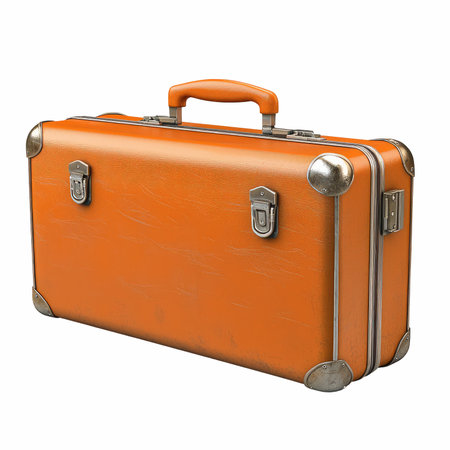This isolated vintage orange hard shell suitcase features a shiny finish and a sturdy handle. Perfect for travel-themed projects or retro aesthetics.の写真素材