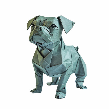 Crumpled origami dog isolated on white background with clipping pathの写真素材