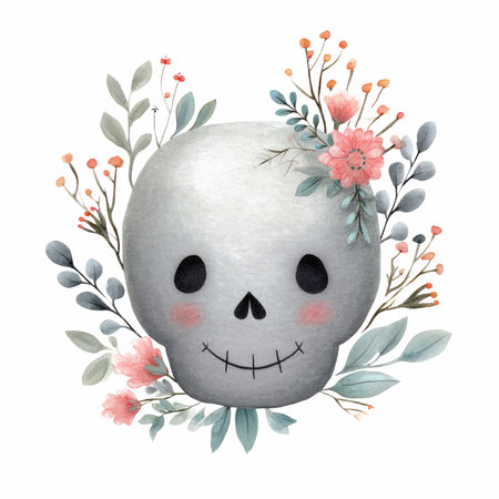 A delightful watercolor illustration of a smiling skull adorned with flowers, perfect for adding a whimsical touch to any project or decor.の写真素材