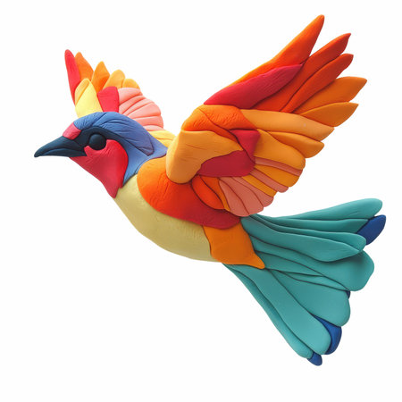 3D digital render of a colorful bird made of plasticine isolated on white backgroundの写真素材