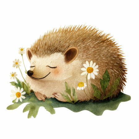 This charming watercolor illustration features a cheerful sleeping hedgehog nestled in a bed of daisies and lush greenery, radiating tranquility.の写真素材