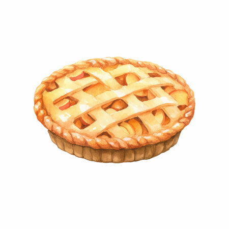 This enchanting watercolor illustration showcases a beautifully rendered apple pie featuring a classic lattice crust. The warm colors evoke a sense of comfort, making it perfect for culinary themes and autumn celebrations.の写真素材