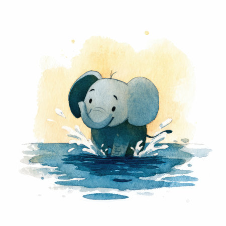 This delightful watercolor illustration captures a cheerful elephant joyfully splashing in water, showcasing a playful and vibrant nature.の写真素材