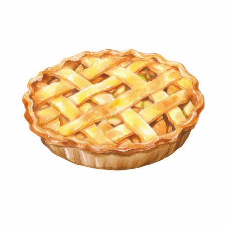 This charming watercolor illustration captures a mouthwatering apple pie, featuring a crispy golden crust and intricate lattice. Perfect for culinary projects!の写真素材