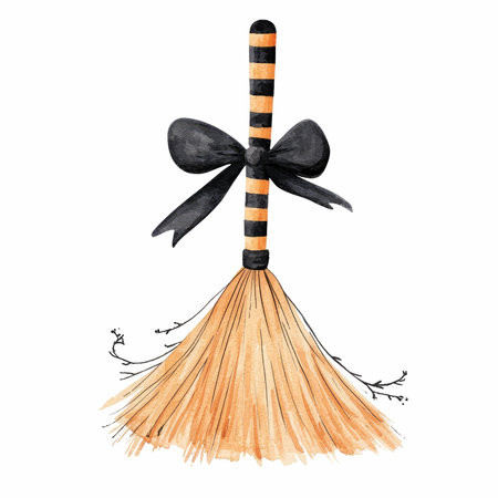 Delight in this cute watercolor illustration of a broomstick adorned with a bow, perfect for adding a whimsical touch to your projects.の写真素材