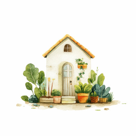 Delight in this whimsical watercolor illustration of a cozy little house adorned with lush greenery, creating a serene and inviting atmosphere.の写真素材