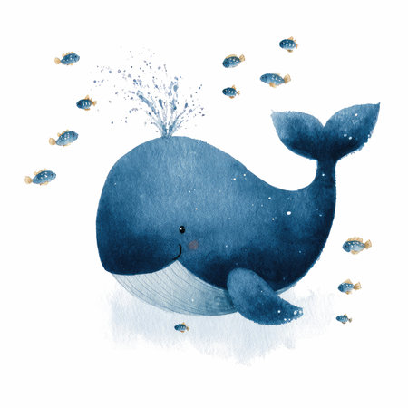 A charming watercolor illustration featuring a cute whale surrounded by bubbles, capturing a joyful marine scene perfect for kids&#39; decor.の写真素材