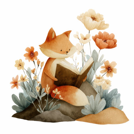 This whimsical watercolor illustration features a cute fox joyfully reading a book amidst a vibrant garden filled with colorful flowers, creating a serene and cozy atmosphere perfect for storytelling and imagination.の写真素材