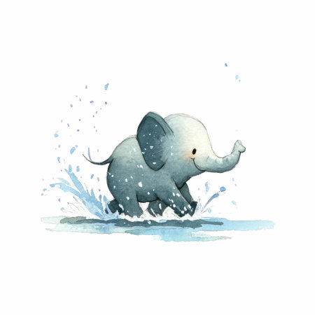 This charming watercolor illustration features a cute little elephant joyfully playing in water, surrounded by splashes. Perfect for children&#39;s themes.の写真素材
