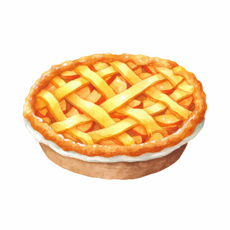 A captivating watercolor illustration depicting a freshly baked apple pie with a golden lattice crust, exuding warmth and a homemade feel.の写真素材