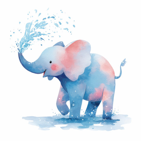 This vibrant watercolor illustration features a cheerful elephant joyfully spraying water, perfect for children&#39;s designs or playful themes.の写真素材